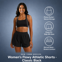 Shorts Athlétiques Classiques Noirs Fluide pour Femmes avec Taille Froncée, Poche Téléphone, Ourlet Fendu Latéral, Extensible et Confortable – Service OEM ODM