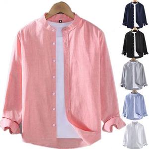 Camicia in <span class=keywords><strong>Lino</strong></span> con Colletto alla Coreana, Maniche Lunghe, Bianca e Nera, Morbida e Confortevole, Semplice, Tinta Unita, Autunnale, per <span class=keywords><strong>Uomo</strong></span> - Product Image 1