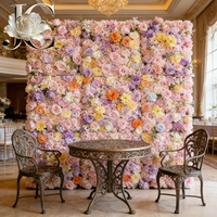 Décor mural de mariage extérieur en fleurs de soie carrées cirées, hydrofuge, ton mauve mat, style arche minimaliste