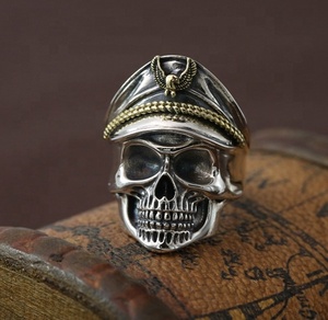 Bague pour homme en argent sterling 925, style gothique unique, hip-hop, rock, punk, crâne, officier, pirate, capitaine - Product Image 2