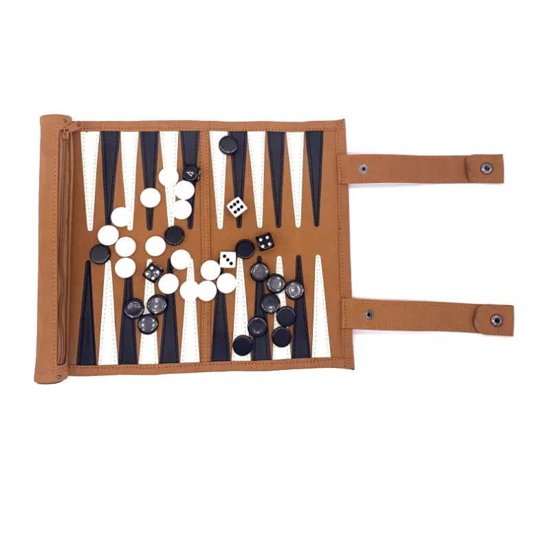 YY Set permainan Backgammon dan Catur portabel, Set papan dapat dilipat gulung kulit asli ringan