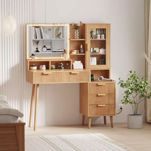 Natural <strong>Walnut</strong> Wood Dresser <strong>Table</strong> Vanity Bedroom Drawers <strong>Dressing</strong> <strong>Table</strong> With Side Cabinet and Lighted Mirror - Product Image 1