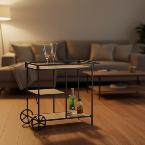 Chariot de bar moderne avec roulettes, plateau en bois, structure en fer, ensemble de service de boissons, station de boissons portable pour la maison - Product Image 2