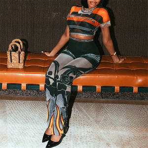 Fashion Patchwork 2-teiliges Set Damen Mesh Durchsichtige Tops Flame Print Skinny Pants Heiße Mädchen Sexy Hipster Outfits - Product Image 4