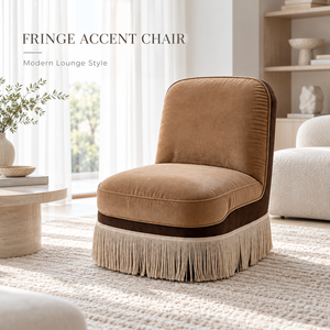 Fauteuil d'appoint moderne en tissu VB avec jupe à franges, structure en bois massif, chaise longue rembourrée en mousse haute résilience pour salon - Product Image 1