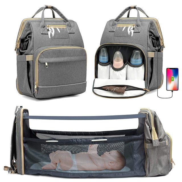 Waterproof Mommy Bag With Foldable Crib USB Charging Port Detachable Baby Bag With Travel Bassinet