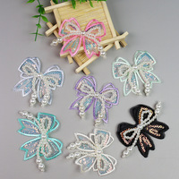 Patch en organza polyester avec nœud, broderie informatique, perles, applique à franges thermocollante, accessoires de couture DIY