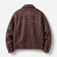 Blouson universitaire OEM en cuir craquelé bordeaux pour homme, avec boucle à crochet métallique, broderie gothique, style motard et de course