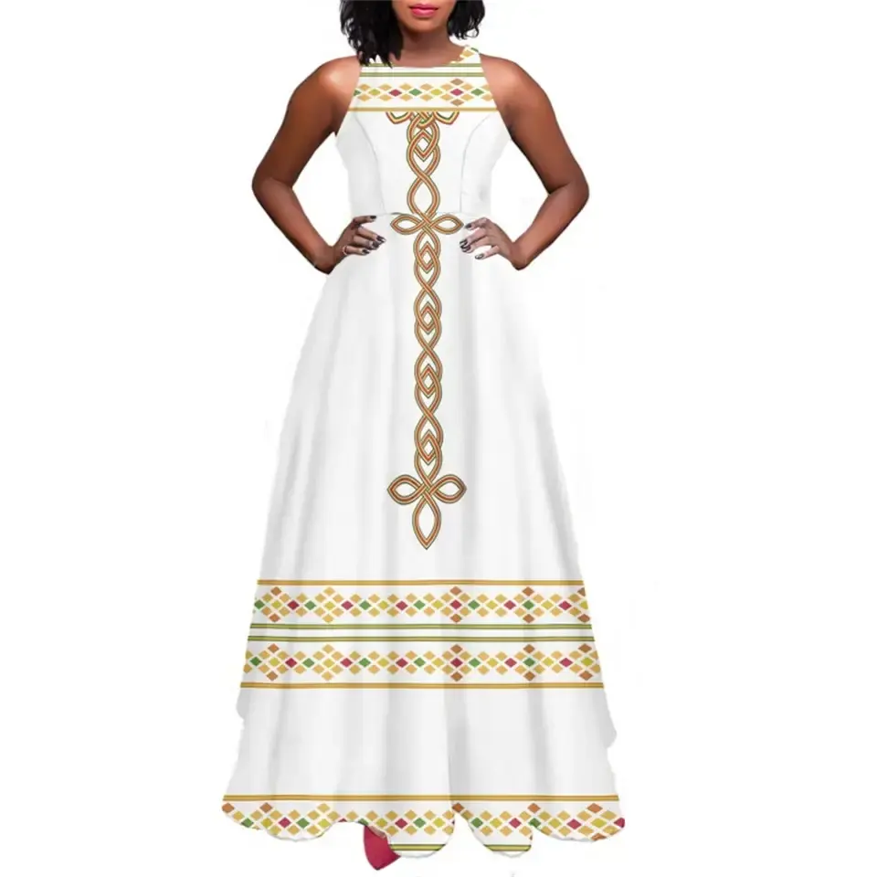 เดรสยาวสไตล์เอธิโอเปียสำหรับผู้หญิงเดรสแม็กซี่ยาวแบบลำลองสีขาวดีไซน์ลายธงเอธิโอเปีย