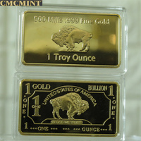 Barre de buffle en or de 1 Oz 500 moulins avec emballage en plastique, pièce de monnaie vierge à graver