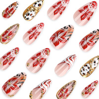 Ongles à presser en acrylique de style français, motif floral 3D léopard, bordure dorée et accents perlés, forme amande, longs, qualité salon, personnalisables