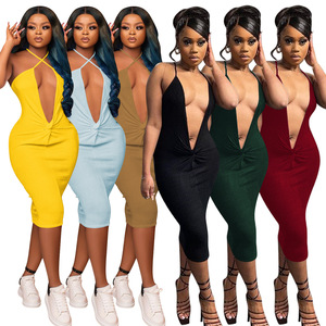 Wholesale Solid Color Customize LOGO Ribbed Deep V Sleeveless Backless slip Midi <strong>Dress</strong> Summer Trending Bodycon <strong>Dress</strong> - Product Image 1