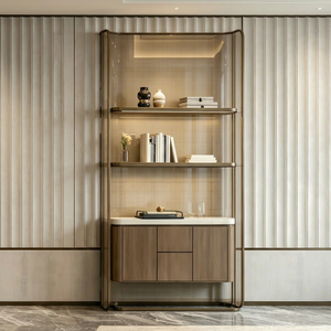 Mueble Bar Moderno Independiente con Encimera de Mármol, Puertas de Madera y Estructura de Acero Inoxidable - Product Image 1
