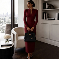 Robe midi moulante élégante de couleur unie, col montant, col en V cranté, manches longues, robe de bureau et de soirée pour femmes
