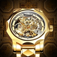 WINNER Royal transparente esqueleto reloj para hombre automático Mecánico Oro relojes grabado movimiento correa de acero inoxidable regalo