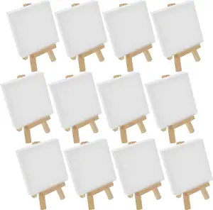 3" x 3" Stretched Canvas with 5" Mini Natural Wood Display Easel Kit (Pack of 12), Artist Tripod Tabletop Holder Stand