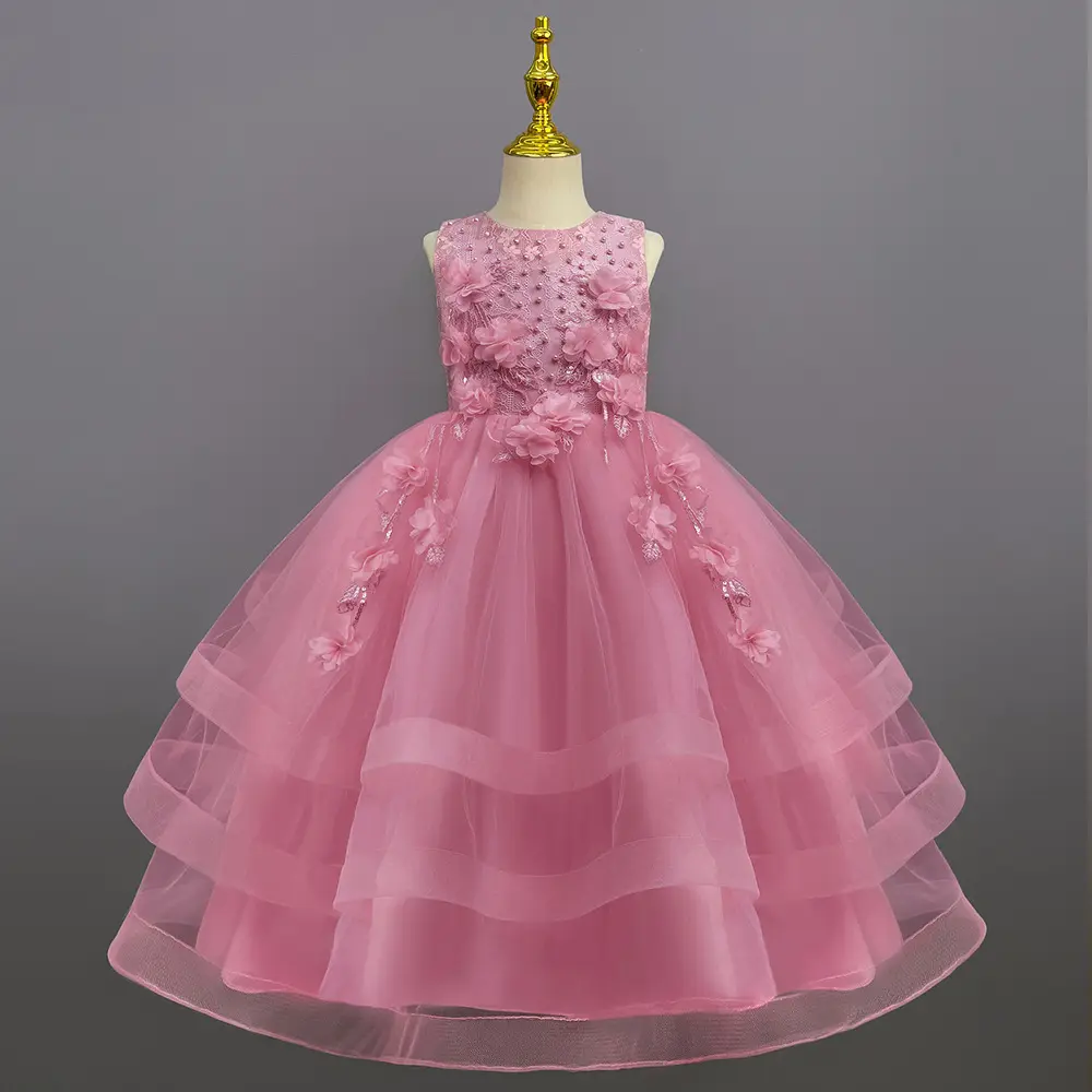 Girls Flower Girl Elegant Princess Dress Party O-neck Long Princess Dresses Baby Girl Party Ball Gown