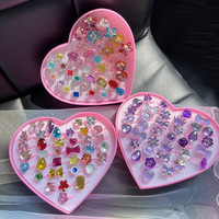 Set Cincin Resin Plastik Berkilau Berlian Imitasi Kristal Desain Bunga Putri Kecil Lucu untuk Anak-anak untuk Bayi Perempuan