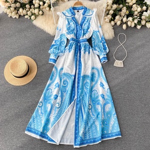 Bán Buôn 2024 Mùa Hè Châu Âu Và Mỹ Phong Cách Dresses Cổ Cao Eo Mỏng Phù Hợp Với In A-Line Lớn Đu Của Phụ Nữ Mặc - Product Image 2