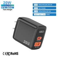 Chargeur mural rapide IBD 20W PD QC, double port USB C et USB A, adaptateur secteur de voyage PPS AC100-240V pour téléphone et tablette, prise EU, CE FCC RoHS