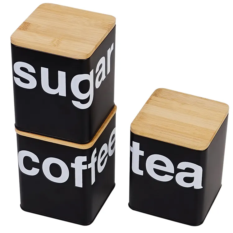 Factory Price Metal Kitchen Canister Set 3 Coffee Sugar Tea Storage Jars with Bamboo Lid