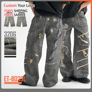Jeans en denim vintage décontracté de haute qualité, coupe mi-large, style streetwear, surdimensionné, déchiré, pour hommes, vente en gros - Product Image 4