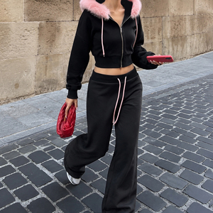 Women's Pink Faux Fur Trim Zip-Up Hoodie Jogger Pants Two-Piece <b>Set</b> Eco-Friendly Breathable Fall Winter Loose Casual Sportswear - Product Image 6