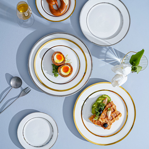 Plato plano redondo con borde de oro blanco de lujo de estilo europeo, juegos de <span class=keywords><strong>vajilla</strong></span> de cerámica de 6/8/10 pulgadas, juego de platos de cena de comida de porcelana - Product Image 2