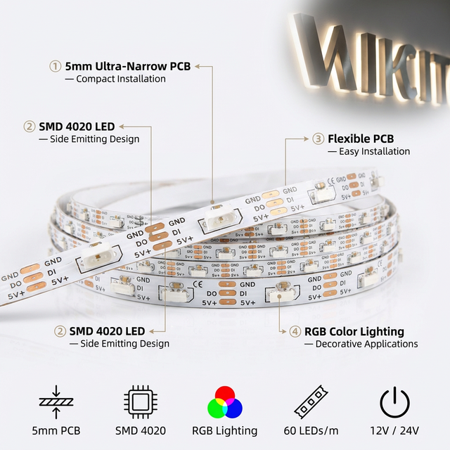 5mm Ultra Narrow SMD4020 RGB DC12V 60 LEDs Per Meter Side Emitting LED Strip IP20 IP65 IP67 for Decorative Edge Lighting Light
