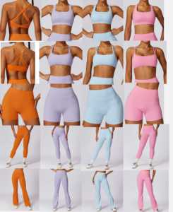 OEM ODM Ensemble de vêtements de sport personnalisables pour femmes, 5 pièces, soutien-gorge de sport uni, leggings de levage des fesses, pantalon évasé de yoga, pantalon évasé d'entraînement - Product Image 6