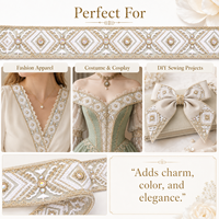 Ruban brodé géométrique or blanc de 4,5 cm de large avec sequins et strass pour robes, costumes, bricolage, couture, artisanat et accessoires de décoration