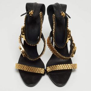 Sandales d'été à talons aiguilles pour femmes, nouveau design, avec bride de cheville et fermoir à bout pointu doré, style montre à enfiler - Product Image 5