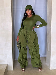 Rahat düz renk streç uzun kollu kırpma üst ve yüksek bel geniş bacak gevşek pantolon ile iki adet pantolon seti - Product Image 4