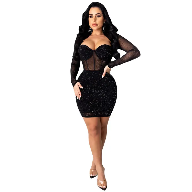 Europe and America night club plus size women work dress hot drilling sexy see through nighty dress