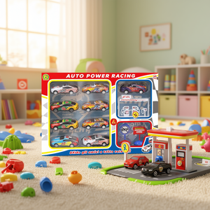 Juego de 8 coches de juguete Auto Power Racing con señales de tráfico y gasolinera para niños de 3 años en adelante - Product Image 1