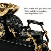 Fauteuil de lavage de luxe noir et or avec design inclinable, station de lavage de cheveux en cuir capitonné avec bac plaqué or