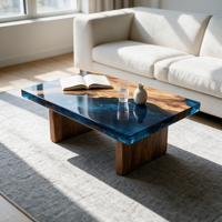 Table basse rectangulaire en résine époxy bleu océan, plateau épais en résine, pieds massifs, mobilier pour salon, maison, villa