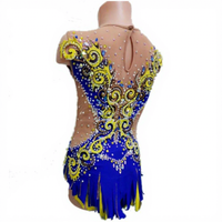 Justaucorps de danse LIUHUO bleu roi et or avec strass, manches courtes, motif baroque, détails à franges, costume de compétition pour filles