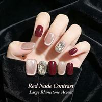 Faux ongles à presser en acrylique faits main, couleur rouge bordeaux, avec colle, pour usage quotidien automne-hiver