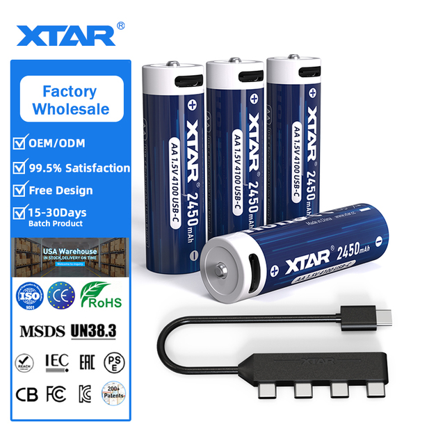 XTAR Custom OEM New Generation 4Pcs/Pack AA Size 1.5V High 4100mWh With Type USB-C Cable Charging Rechargeable Li Ion Battery