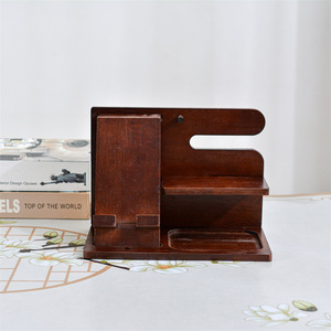 Wooden phone stand, multi-functional <b>desktop</b> storage rack with key and other storage compartments, solid wood <b>shelf</b>. - Product Image 3
