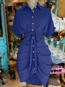 <span class=keywords><strong>Robe</strong></span> <span class=keywords><strong>chemise</strong></span> décontractée d'été pour femme, élégante et unie, à col montant et taille naturelle, à manches courtes, vente en gros - Product Image 2