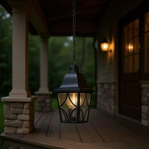 Lanterne suspendue extérieure moderne noire en métal antirouille avec abat-jour en verre transparent et chaîne réglable pour éclairage de porche ou d'entrée - Product Image 2