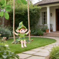 Figurine d'elfe en résine prête à être expédiée, avec balançoire et feuille verte, décoration féerique pour arbre, statue à suspendre, décoration de jardin extérieur