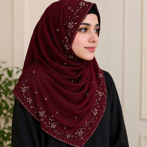 Hijab carré extensible en soie brodée florale bordeaux, écharpe faite à la main, couvre-chef pour femmes - Product Image 1