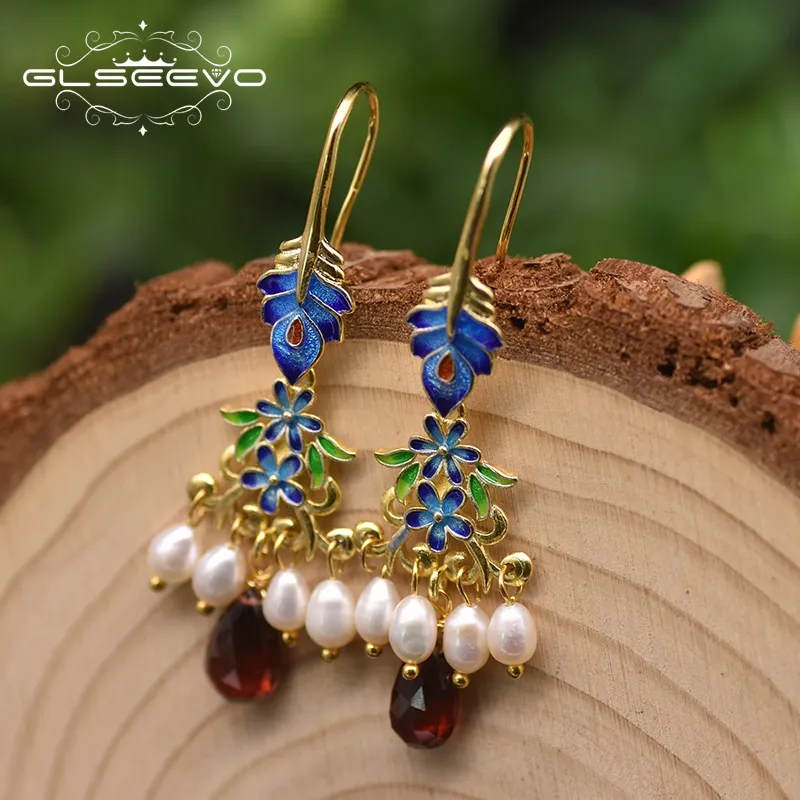 Cloisonné Neue Ethnische Erklärung Pflanzen Ohrringe Ohrringe Für Frauen Hochzeit Geschenk Natürliche Perle Granat Vintage Ohrringe