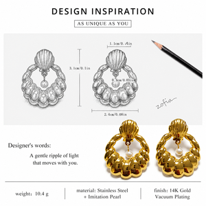 Boucles d'oreilles pendantes en forme de perle de coquillage, acier inoxydable, plaqué or 14 carats, imitation perle - Product Image 2