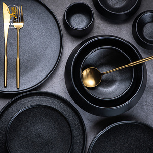 Vaisselle en céramique en gros, bol à ramen en grès noir mat texturé avec assiette - Product Image 2