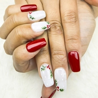 Dibujado a mano rojo festivo corto cuadrado usable nail art puro hecho a mano a presión las uñas se pueden reutilizar