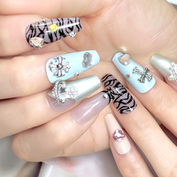 24 faux ongles léopard à bout français avec diamants de luxe, réutilisables, en kit